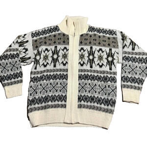 London Fog  L XL Vintage Full Zip Ski Sweater Nordic Aztec Snowflake 70s 80s